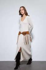Antioch Off-White Knit Dress with Slit Detail