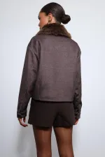 Veste Antioch Coffee en laine mélangée à col en fausse fourrure