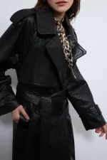 Antioch Black Textured Faux Leather Trench Coat