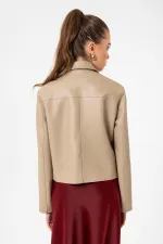 Antioch Bej Kadın Polo Yaka Suni Deri Ceket