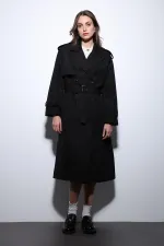 Antioch Black Double-Breasted Belted Women's Trench Coat