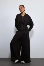 Antioch Acı Kahve Bel Kemerli Geniş Paça Pantolonlu Takım