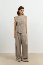 Antioch Beige Lyocell Blend Wide Leg Women's Trousers