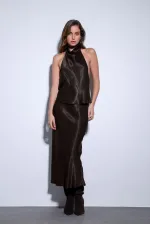 Antioch Koyu Kahve Saten Midi Etek