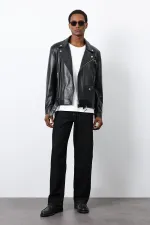 Antioch Siyah 100% Deri Biker Ceket