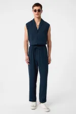 Antioch Navy Blue Linen Blend Jogger Men's Pants