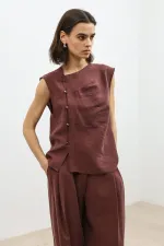 Antioch Burgundy Lyocell Blend Buttoned Women's Top