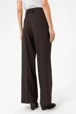 Antioch Kahve Kadın Yüksek Bel Pileli Çizgili Pantolon