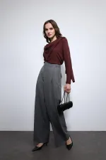 Antioch Gri Çizgili Geniş Paça Pantolon