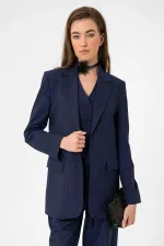 Antioch Lacivert Kadın Tek Düğme Çizgili Blazer Ceket