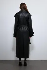 Antioch Black Textured Faux Leather Trench Coat