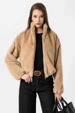 Antioch Beige Women's Faux Fur Coat with Elastic Waistband