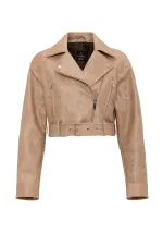 Antioch Bej Kadın Suni Deri Crop Biker Ceket