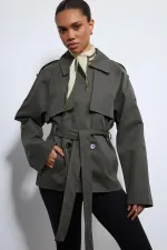 Antioch Haki Kemerli Kısa Trençkot