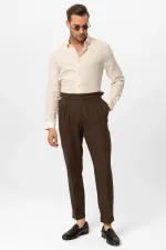 Pantalon homme Antioch Coffee taille haute en lin mélangé à double ourlet