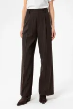 Antioch Kahve Kadın Yüksek Bel Pileli Çizgili Pantolon