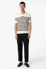 Antioch Ekru-Siyah Polo Yaka Çizgili Erkek Triko T-Shirt