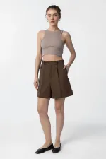 Antioch Kahve Yüksek Bel Pensli  Kadın Bermuda Şort