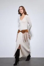 Antioch Off-White Knit Dress with Slit Detail