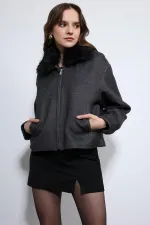 Antioch Anthracite Wool Blend Faux Fur Collar Jacket
