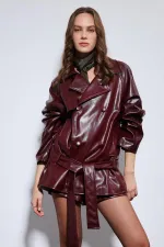 Antioch Bordo Suni Deri Kemerli Trençkot