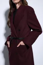 Antioch Bordo Kemerli Kruvaze Kadın Kaban