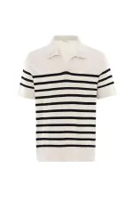 Antioch Ekru-Siyah Polo Yaka Çizgili Erkek Triko T-Shirt