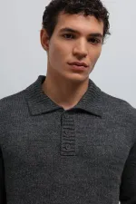 Antioch Gri Melanj Düğmeli Yaka Erkek Kazak