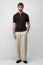 Antioch Kahve Comfort Slim Fermuarlı Erkek Triko T-Shirt