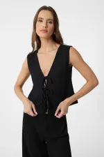 Antioch Black Textured Women's Suit with Tie Detail