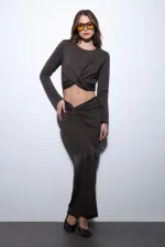 Antioch Kahve Yırtmaç Detaylı Kadın Etek Takım