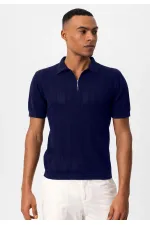 Antioch Navy Blue Polo Collar Zip-Up Knitted Men's T-Shirt