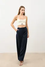 Pantalon plissé taille haute bleu marine Antioch pour femme