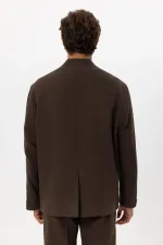 Antioch Kahve Keten Karışımlı Kruvaze Düğmeli Erkek Blazer Ceket
