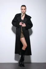 Antioch Black Double-Breasted Suede-Look Premium Women's Trench Coat