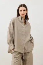 Antioch Bej Dökümlü Oversize Kadın Gömlek