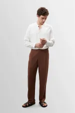 Pantalon pour homme Antioch Coffee en lin mélangé plissé taille haute