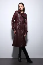 Trench-coat ceinturé en similicuir bordeaux pour femme, style Antioch