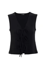 Antioch Black Textured Women's Suit with Tie Detail