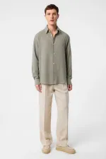 Antioch Haki Relax Fit Keten Karışımlı Erkek Gömlek