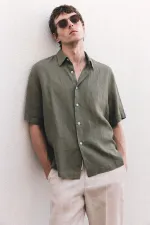 Antioch Haki 100% Keten Relaxed Erkek Gömlek