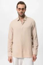 Antioch Beige Concealed Button Linen Blend Men's Shirt