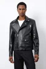 Antioch Siyah 100% Deri Biker Ceket