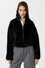 Antioch Black Women's Faux Fur Coat with Elastic Waistband