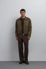 Antioch Haki Fermuarlı Suni Süet Erkek Mont