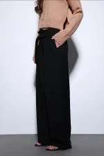 Antioch Siyah Kemerli Pileli Geniş Kadın Pantolon