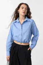 Antioch Bebe Mavi Crop Poplin Kadın Gömlek
