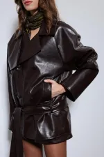 Antioch Kahve Suni Deri Kemerli Trençkot