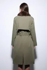 Antioch Haki Suni Kürklü Yaka Kadın Trençkot