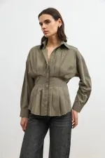 Antioch Haki Pilili Poplin Kadın Gömlek